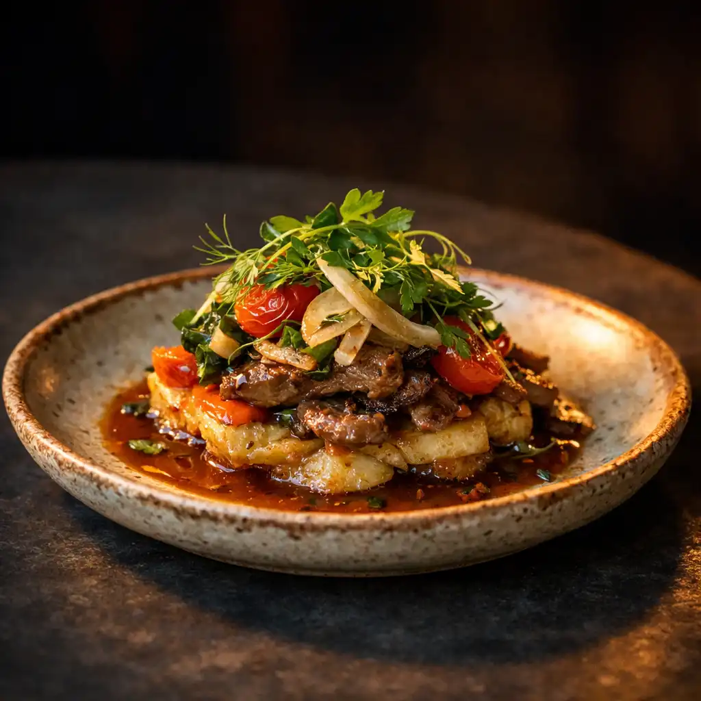 Kézműves tálalású étel sötét asztalon, meleg oldalvilágítással