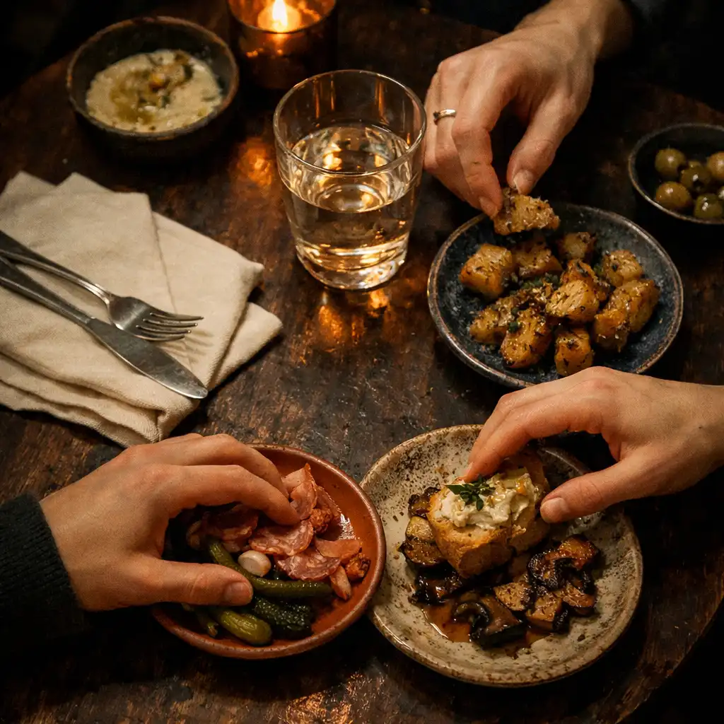 Közös bisztróasztal felé nyúló kezek artisan tányérokkal és amber fényű pohárral